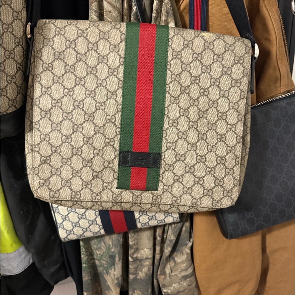 Gucci Beige Messenger Bag with Green and Red Stripe